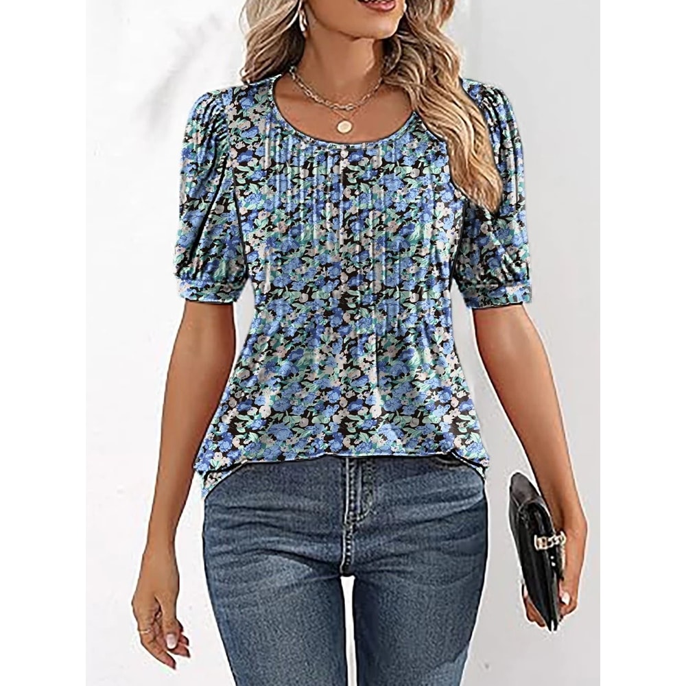 Women V Neck Puff Pleated Summer Tunic Blouse Casual Work Top 5