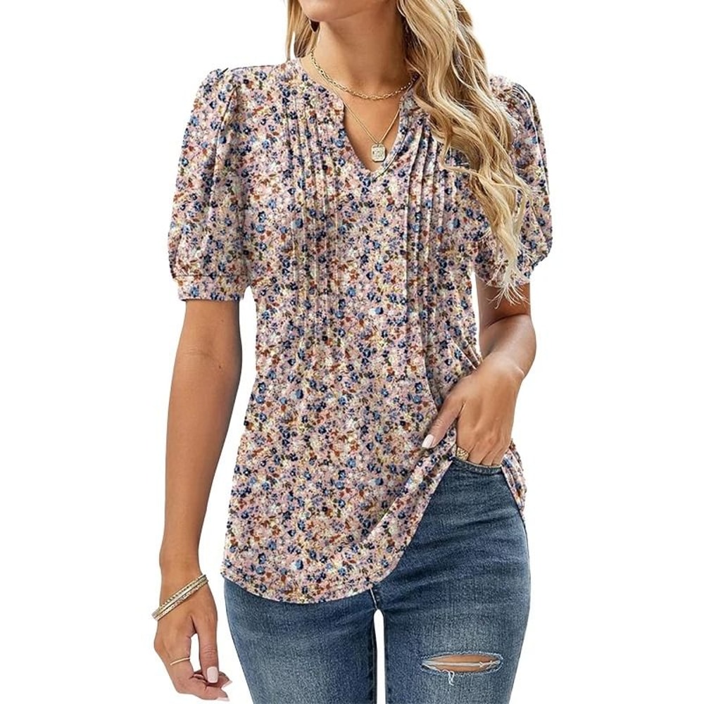 Women V Neck Puff Pleated Summer Tunic Blouse Casual Work Top 6