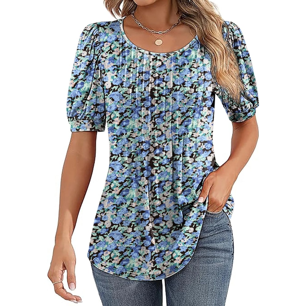 Women V Neck Puff Pleated Summer Tunic Blouse Casual Work Top 7