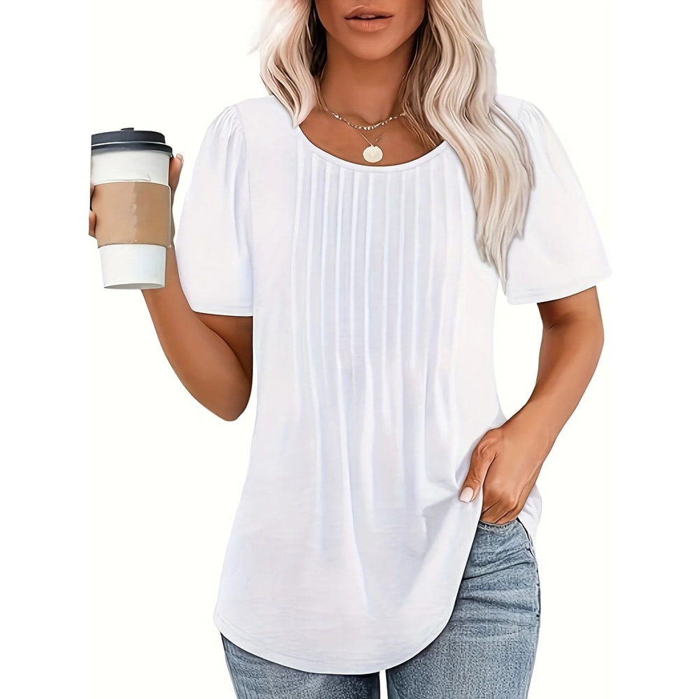 Women V Neck Puff Pleated Summer Tunic Blouse Casual Work Top 8