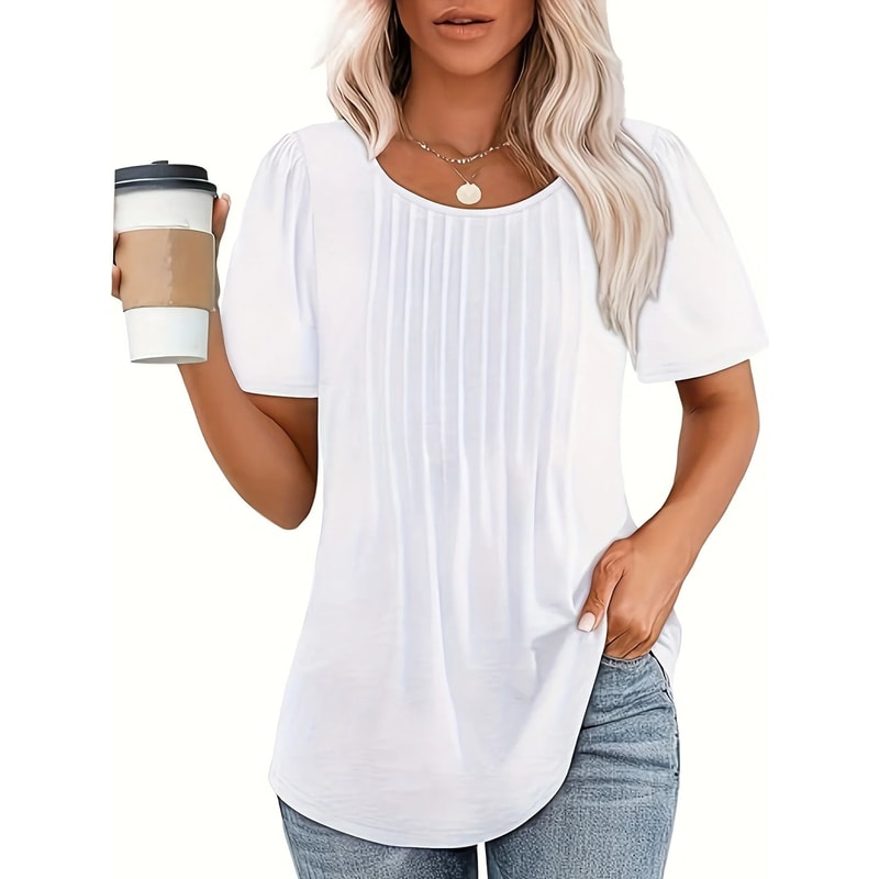 Women V Neck Puff Pleated Summer Tunic Blouse Casual Work Top 8