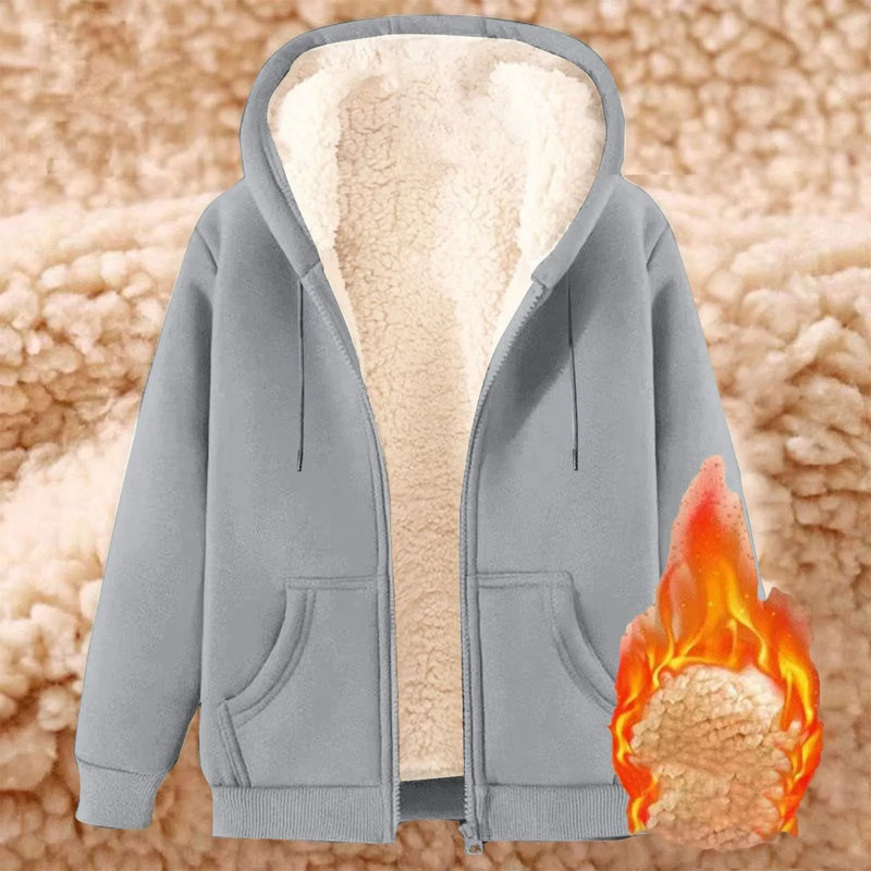 Womens Solid Color Thick Fleece Zip Up Hoodie With Pockets 14