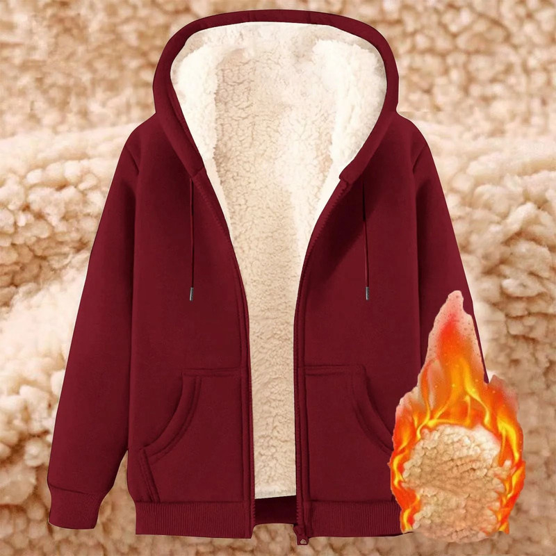 Womens Solid Color Thick Fleece Zip Up Hoodie With Pockets 19