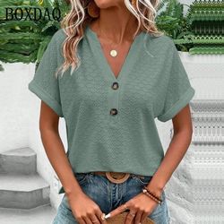loose jacquard v neck button down blouse oversized summer top