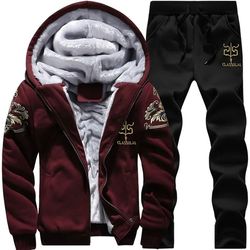 men hooded fleece sports jacket and pants two piece set