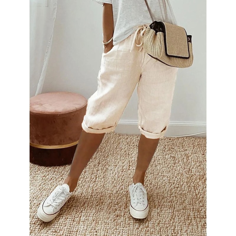 Womens Cotton Linen Elastic Waist Loose Casual Shorts 9