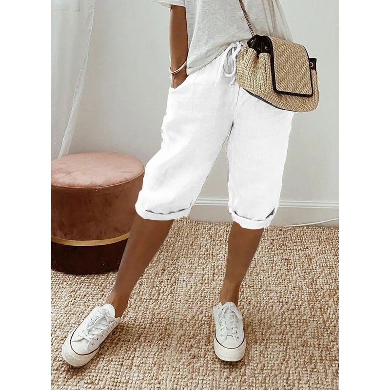 Womens Cotton Linen Elastic Waist Loose Casual Shorts 11