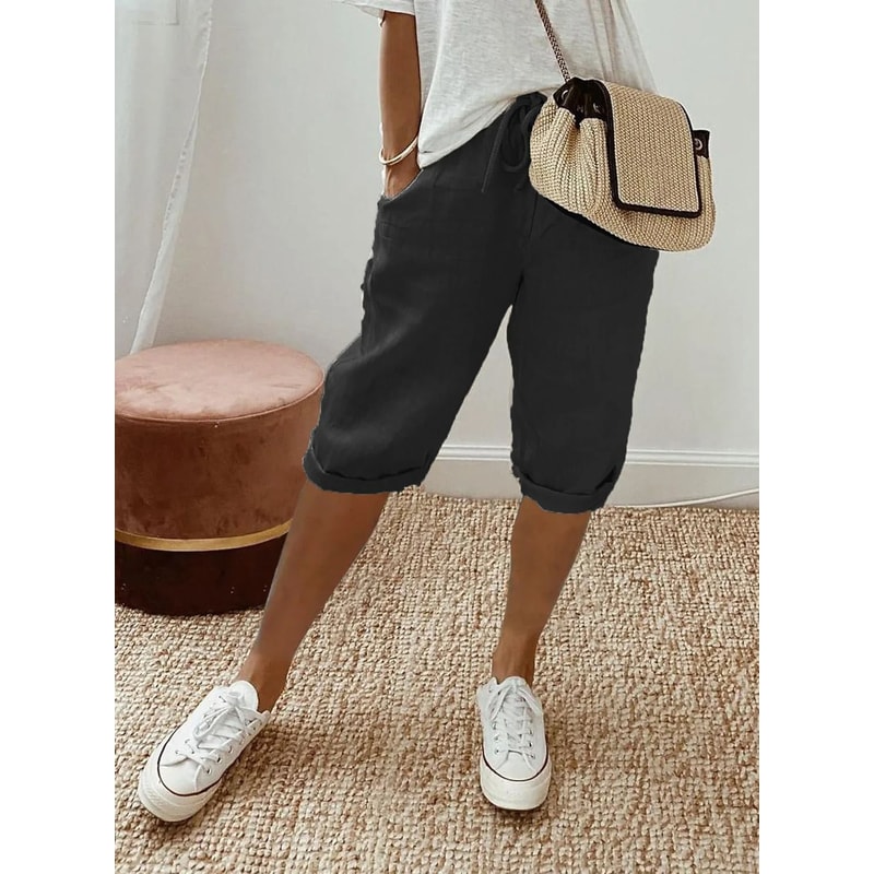 Womens Cotton Linen Elastic Waist Loose Casual Shorts 7