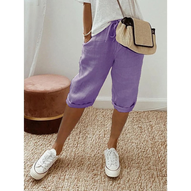 Womens Cotton Linen Elastic Waist Loose Casual Shorts 12