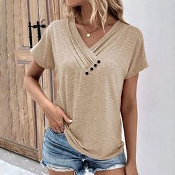 womens oversized v neck short sleeve solid cotton linen tee