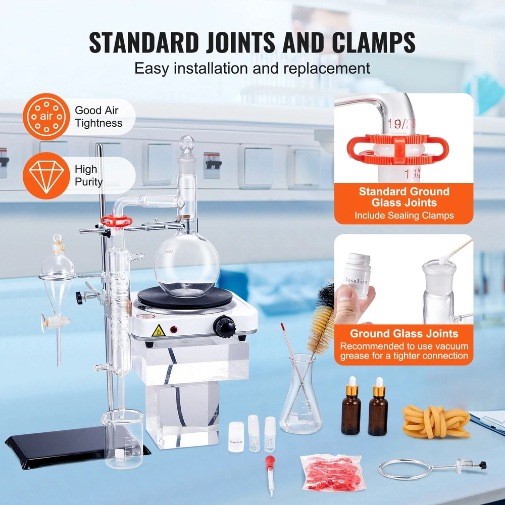 VEVOR Essential Oil Distillation Kit With 2L Lab Glassware And 1KW Heating Plate 3