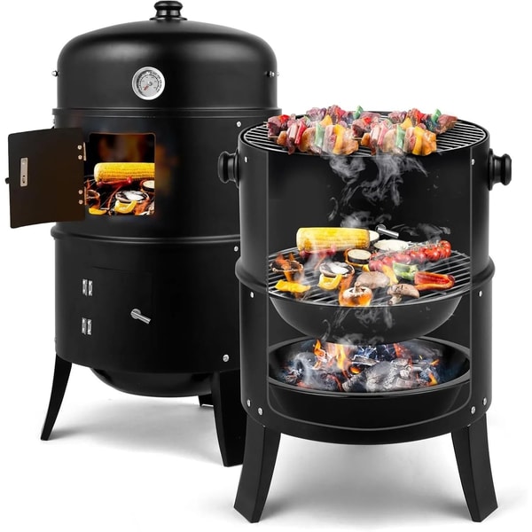 Vertical Charcoal BBQ Smoker 17 Inch Portable 3 In 1 Outdoor Grill With Thermometer 0