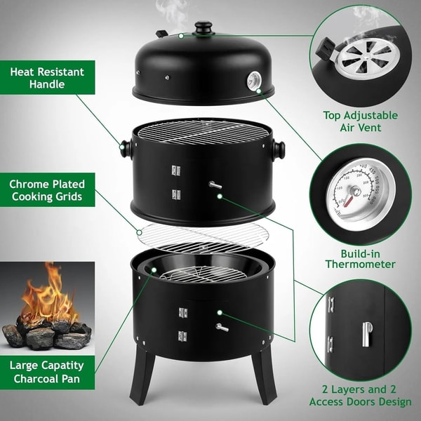 Vertical Charcoal BBQ Smoker 17 Inch Portable 3 In 1 Outdoor Grill With Thermometer 1