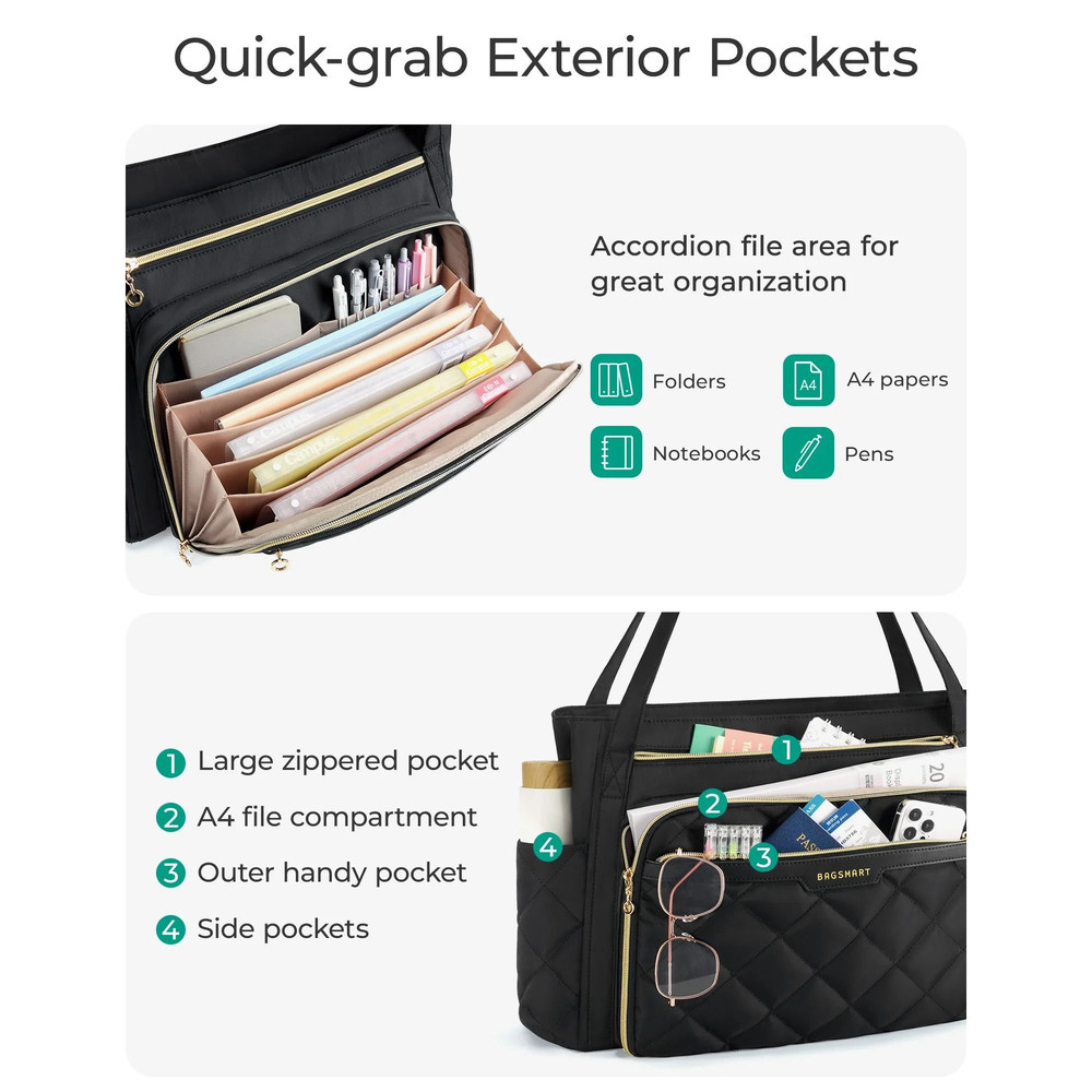 BAGSMART Quilted Tote Bag For Women Laptop Briefcase 3