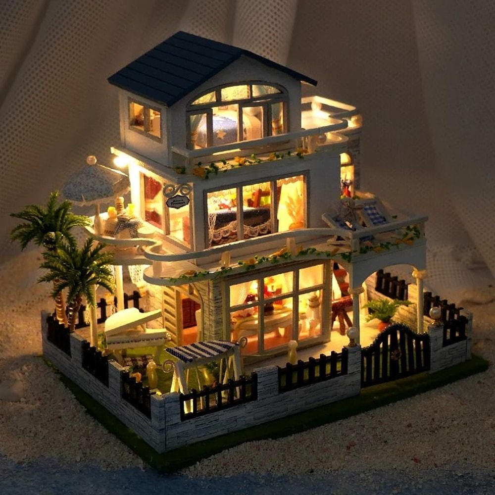 DIY Wooden Mini Seaside Villa Dollhouse Kit With Furniture And LED Lights 0