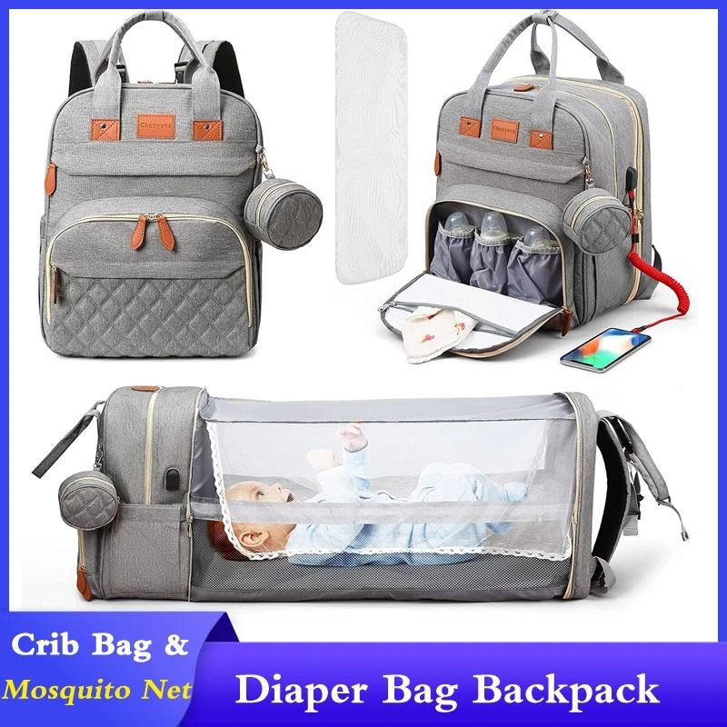 3 In 1 Diaper Bag Backpack With Foldable Baby Bed And USB Charging Port 0