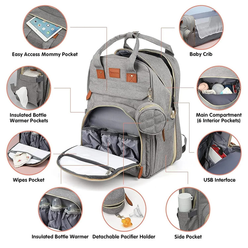 3 In 1 Diaper Bag Backpack With Foldable Baby Bed And USB Charging Port 2