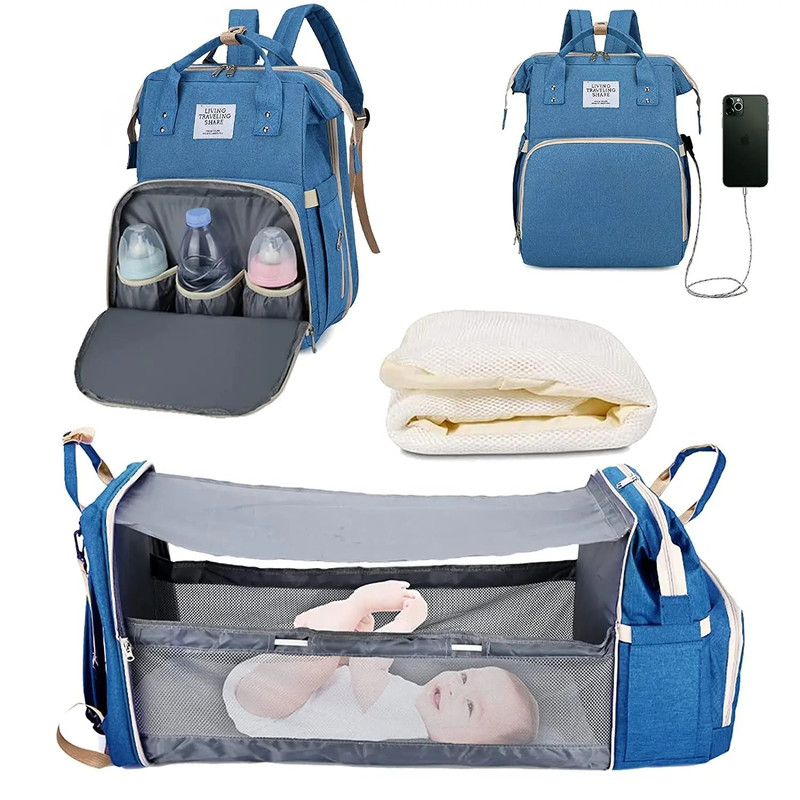 3 In 1 Diaper Bag Backpack With Foldable Baby Bed And USB Charging Port 10