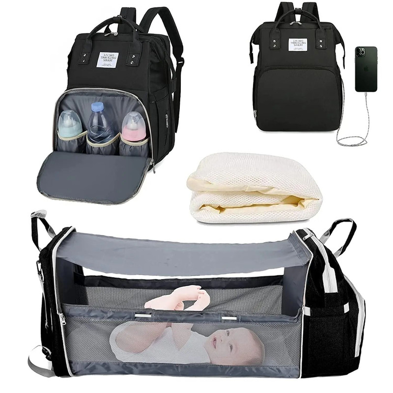 3 In 1 Diaper Bag Backpack With Foldable Baby Bed And USB Charging Port 11