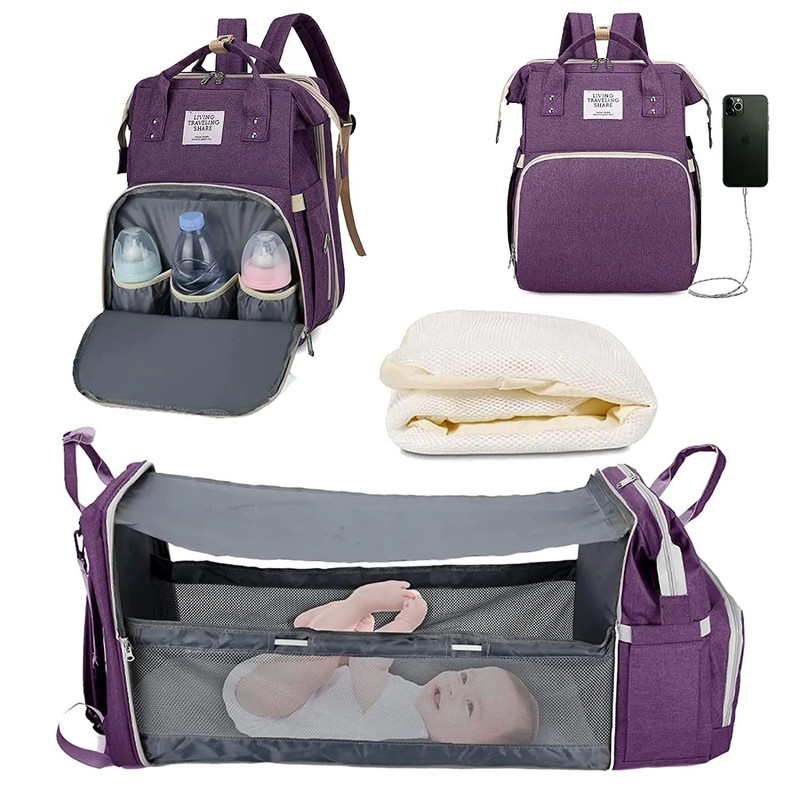 3 In 1 Diaper Bag Backpack With Foldable Baby Bed And USB Charging Port 12