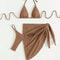 Brown Bikini 3 Piece Swimsuit Set With Halter Push Up Bra Skirt And Thong Cover Up 4
