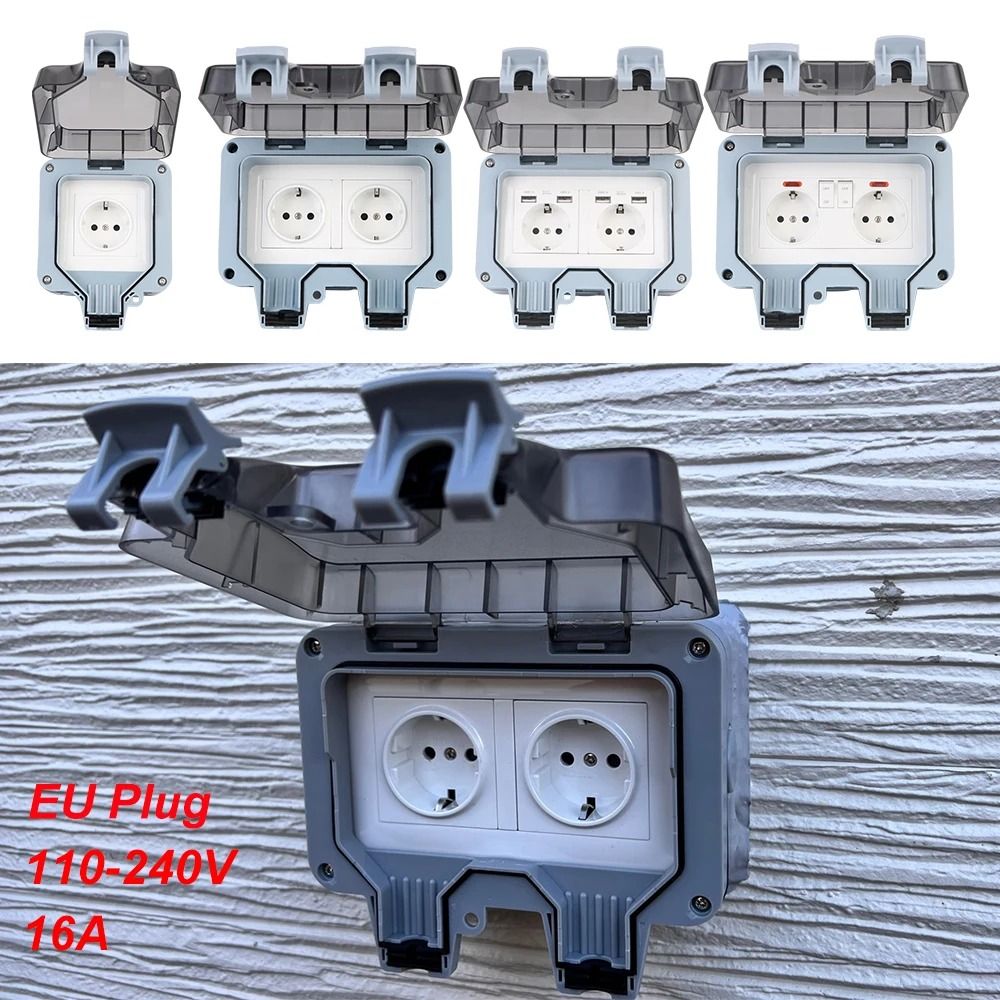 Double EU Weatherproof Outdoor Wall Power Socket With USB Charging And 16A Switch 0