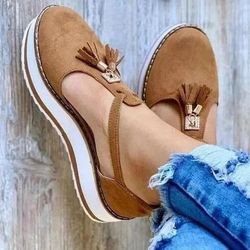 womens tassel buckle platform sandals flat casual adjustable strap