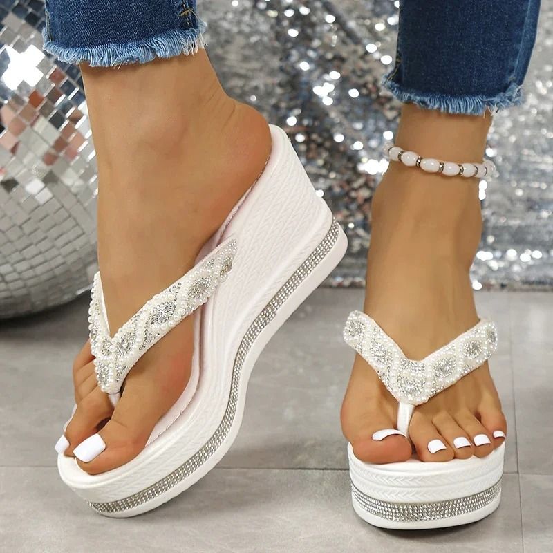 Beaded Wedge Platform Clip Toe Slippers Women Summer Chunky High Heel Sandals 7