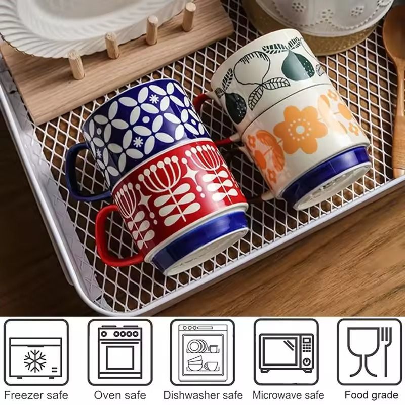 Japanese Flower Retro Ceramic Mug Set 300ml Stylish Drinkware 3