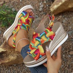 rainbow graffiti wedge sandals peep toe platform buckle strap shoes