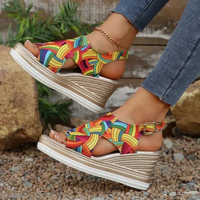Rainbow Graffiti Wedge Sandals Peep Toe Platform Buckle Strap Shoes 1