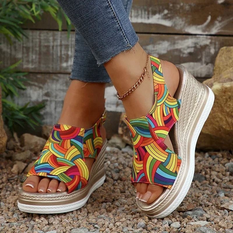 Rainbow Graffiti Wedge Sandals Peep Toe Platform Buckle Strap Shoes 2