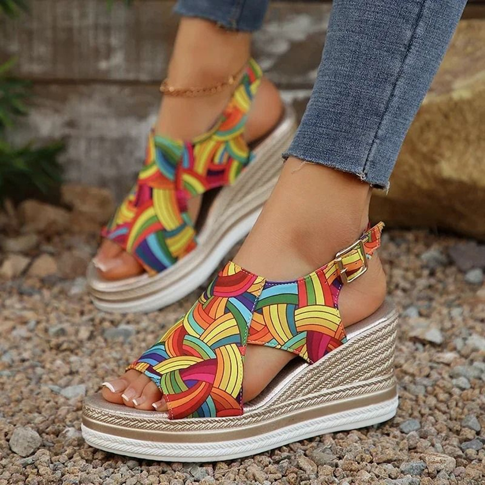 Rainbow Graffiti Wedge Sandals Peep Toe Platform Buckle Strap Shoes 3
