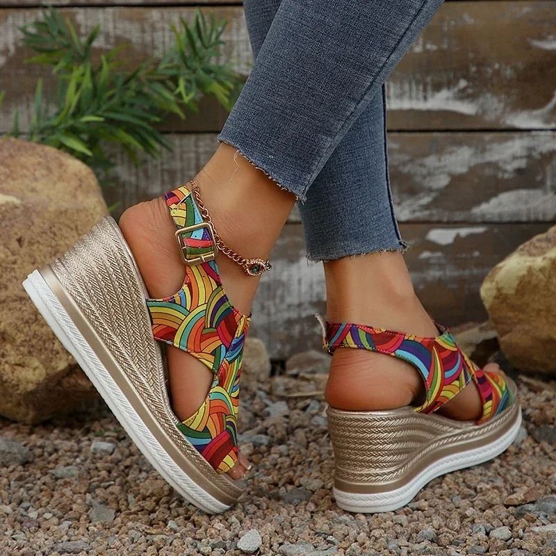 Rainbow Graffiti Wedge Sandals Peep Toe Platform Buckle Strap Shoes 4