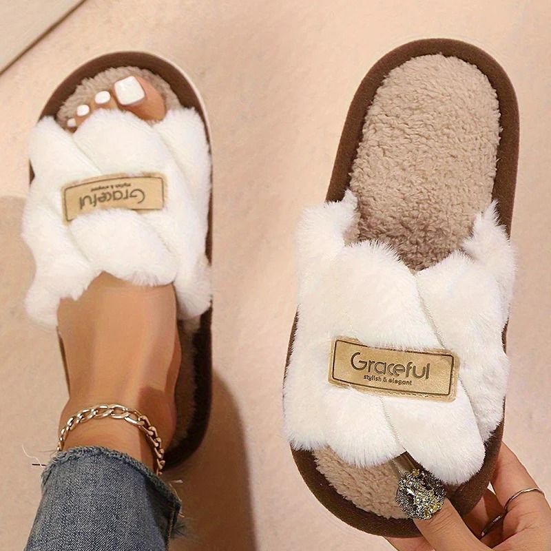 Women Plush Fuzzy Open Toe Slippers Indoor Soft Sole 0