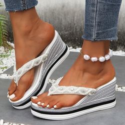 pearl decor wedge heel sandals for women