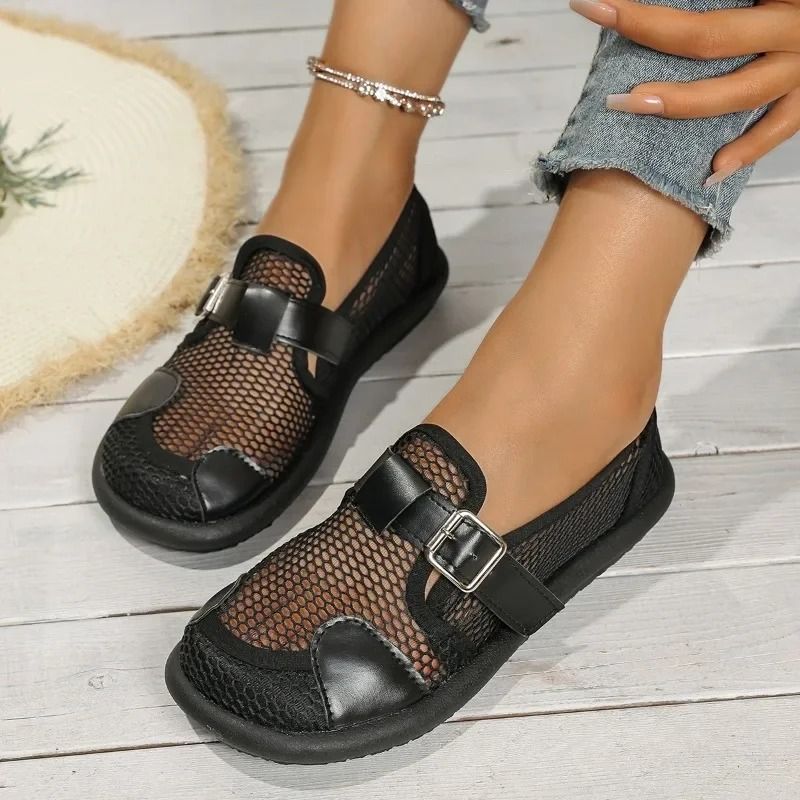 Womens Casual Mesh Flats With Buckle And Low Heel 5