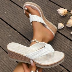 women woven band wedge flip flops with thick lightweight sole