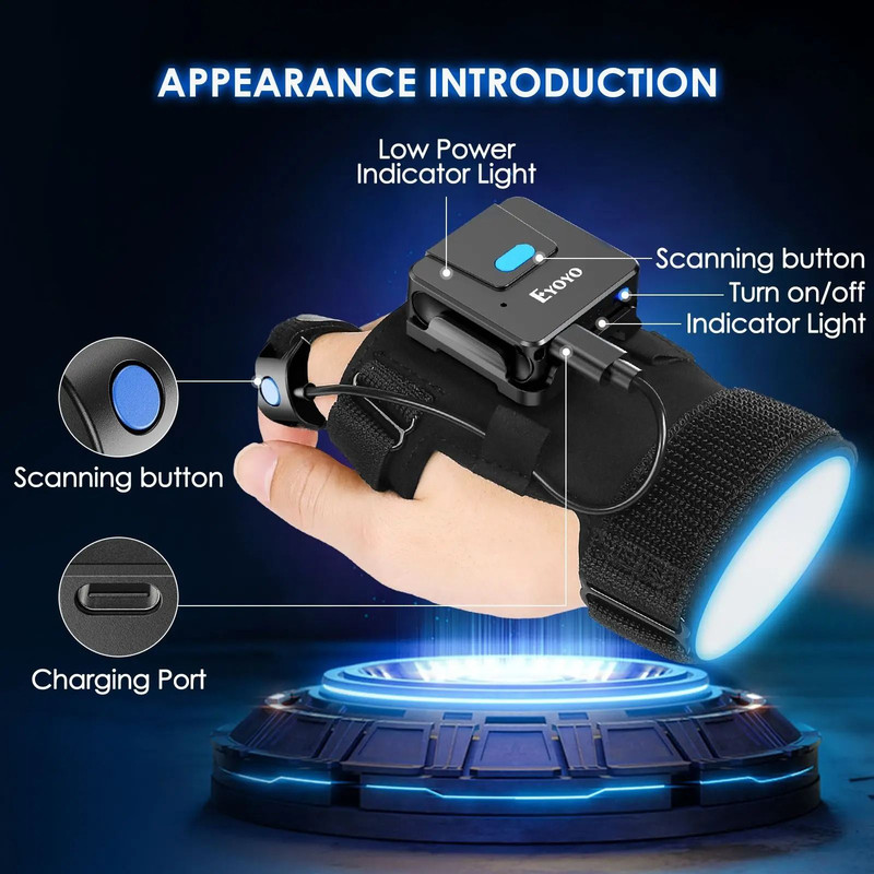 Eyoyo Bluetooth Barcode Scanner Wearable Glove With 1D And 2D QR Code Reader 3