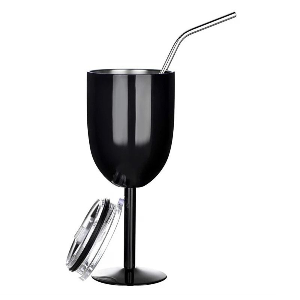 300ML Stainless Steel Double Wall Goblet Wine Glass With Straw And Lid For Coffee Water Or Champagn 7