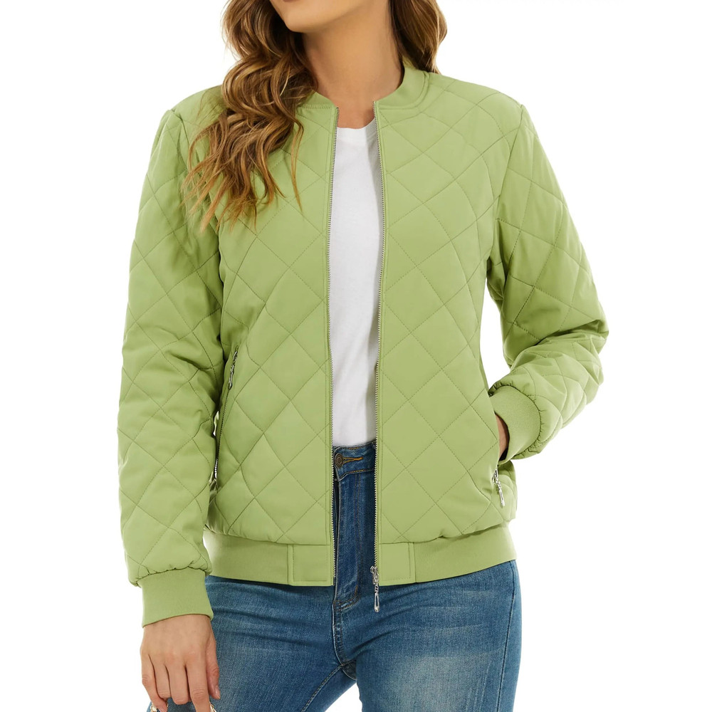 Womens Diamond Quilted Bomber Jacket Full Zip Warm Padded Coat 6