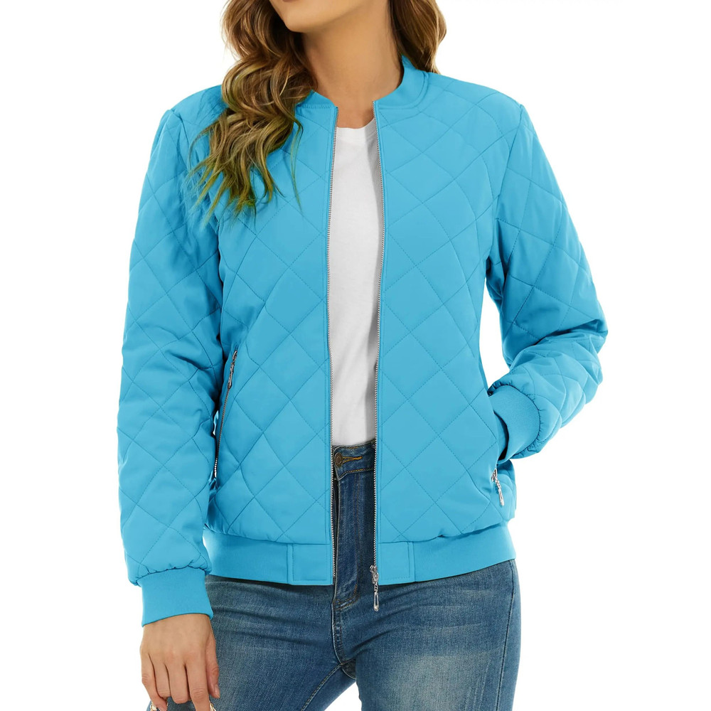 Womens Diamond Quilted Bomber Jacket Full Zip Warm Padded Coat 9