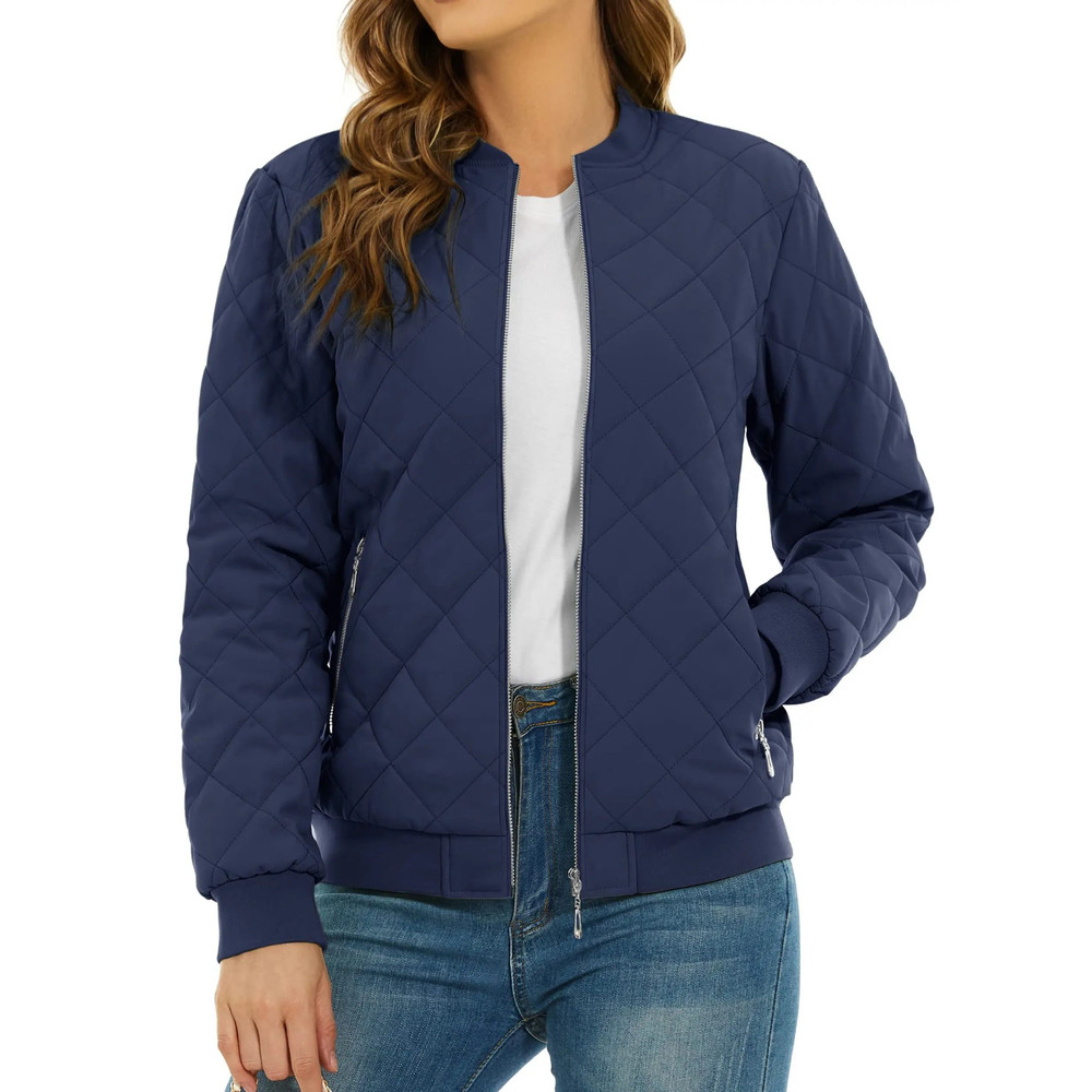 Womens Diamond Quilted Bomber Jacket Full Zip Warm Padded Coat 10