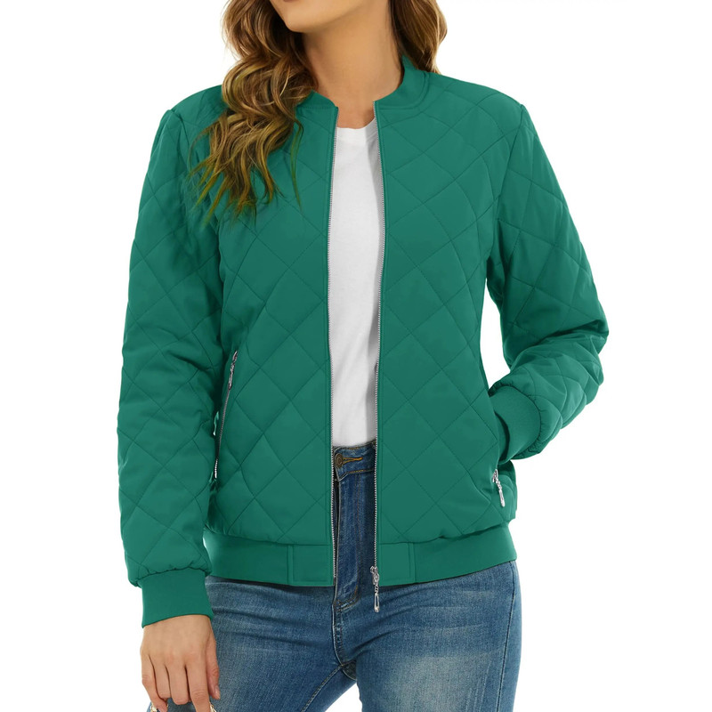 Womens Diamond Quilted Bomber Jacket Full Zip Warm Padded Coat 11