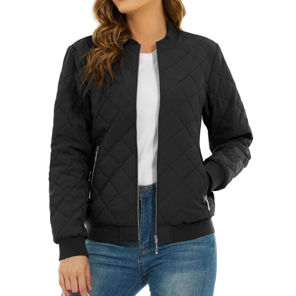 Womens Diamond Quilted Bomber Jacket Full Zip Warm Padded Coat 12