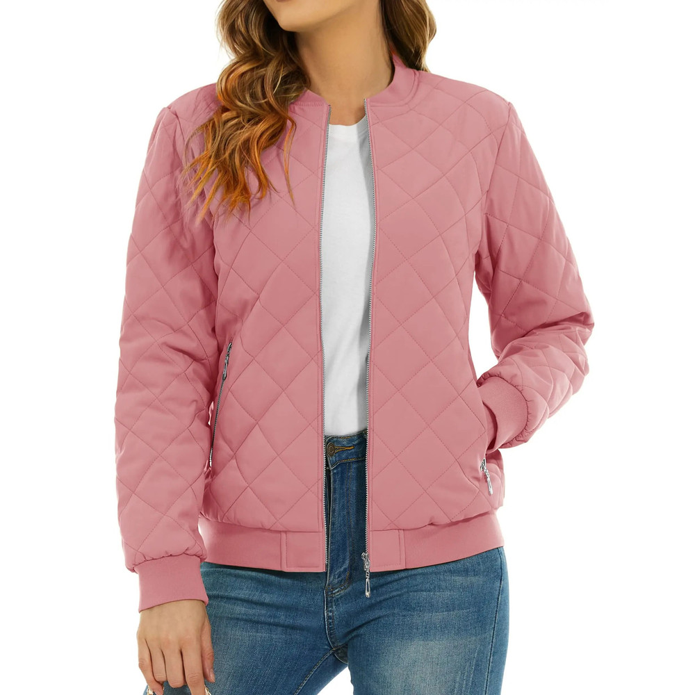 Womens Diamond Quilted Bomber Jacket Full Zip Warm Padded Coat 13