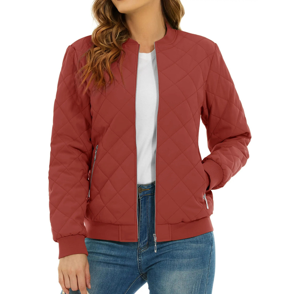 Womens Diamond Quilted Bomber Jacket Full Zip Warm Padded Coat 14