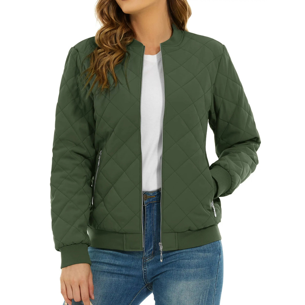 Womens Diamond Quilted Bomber Jacket Full Zip Warm Padded Coat 15