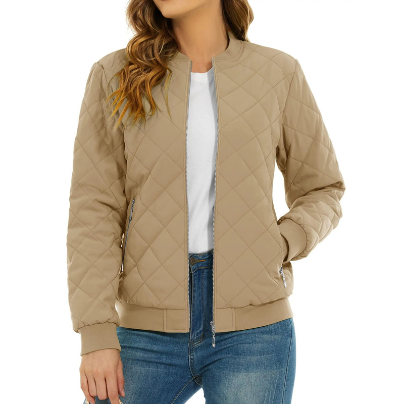 Womens Diamond Quilted Bomber Jacket Full Zip Warm Padded Coat 16