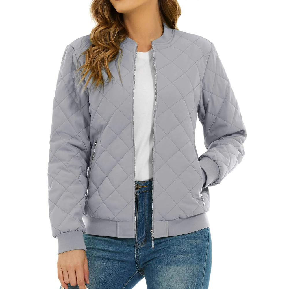 Womens Diamond Quilted Bomber Jacket Full Zip Warm Padded Coat 17